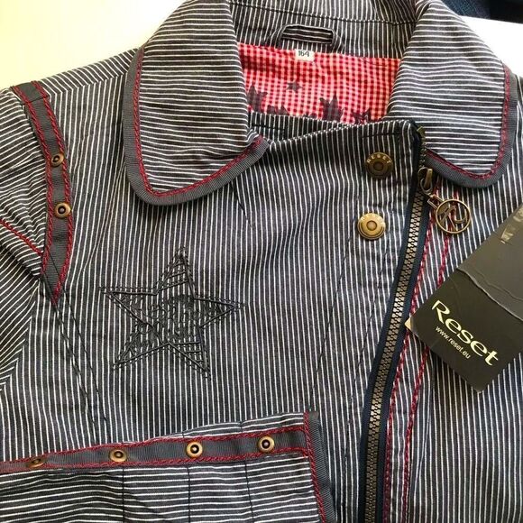 NEW Reset Europe Pinstriped Navy long sleeve Structured Canvas Coat - Picture 6 of 8